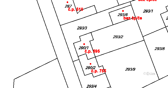 Hrádek nad Nisou 595 na parcele st. 290/1 v KÚ Hrádek nad Nisou, Katastrální mapa