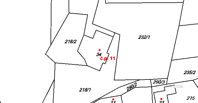 Větrník 11, Vestec na parcele st. 34 v KÚ Vestec u Hořiček, Katastrální mapa