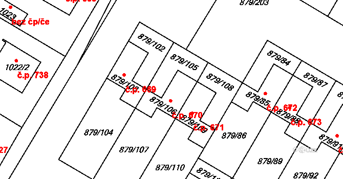 Kosmonosy 670 na parcele st. 879/106 v KÚ Kosmonosy, Katastrální mapa