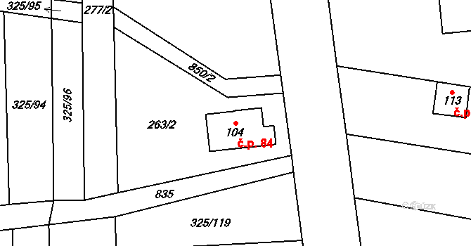 Loučka 84 na parcele st. 104 v KÚ Loučka u Bílska, Katastrální mapa