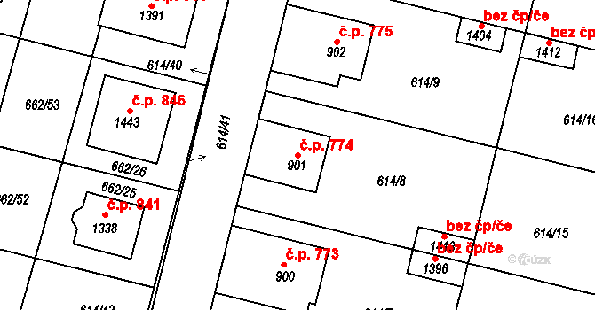 Libochovice 774 na parcele st. 901 v KÚ Libochovice, Katastrální mapa