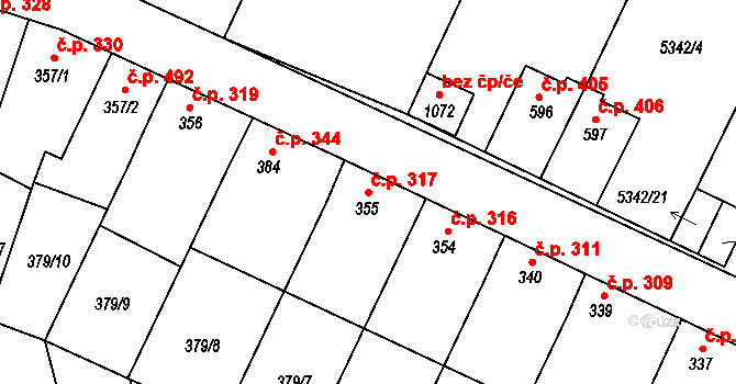 Mohelno 317 na parcele st. 355 v KÚ Mohelno, Katastrální mapa