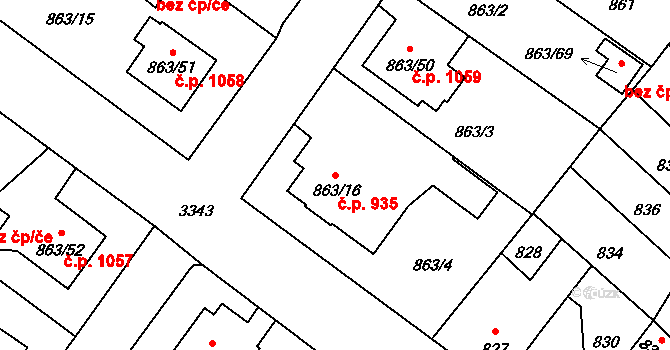 Pelhřimov 935 na parcele st. 863/16 v KÚ Pelhřimov, Katastrální mapa