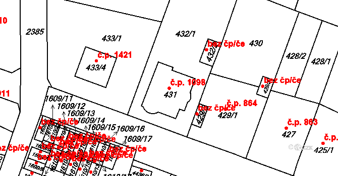 Trnovany 1098, Teplice na parcele st. 431 v KÚ Teplice-Trnovany, Katastrální mapa