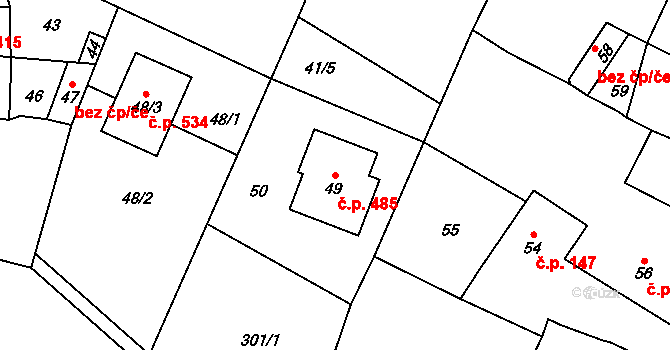 Hostomice 485 na parcele st. 49 v KÚ Hostomice pod Brdy, Katastrální mapa