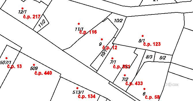 Suchdol nad Lužnicí 12 na parcele st. 9 v KÚ Suchdol nad Lužnicí, Katastrální mapa