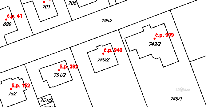 Lhotka 940, Praha na parcele st. 750/2 v KÚ Lhotka, Katastrální mapa