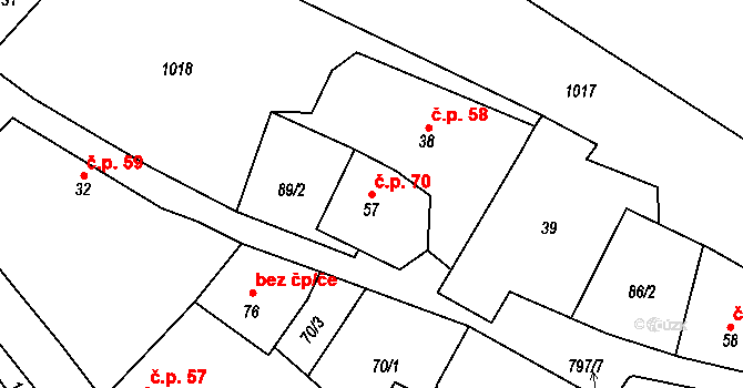 Krty-Hradec 70 na parcele st. 57 v KÚ Krty u Strakonic, Katastrální mapa