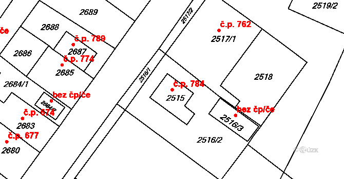Jirkov 784 na parcele st. 2515 v KÚ Jirkov, Katastrální mapa