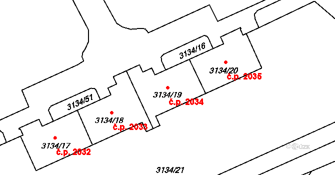 Východní Předměstí 2034, Plzeň na parcele st. 3134/19 v KÚ Plzeň, Katastrální mapa