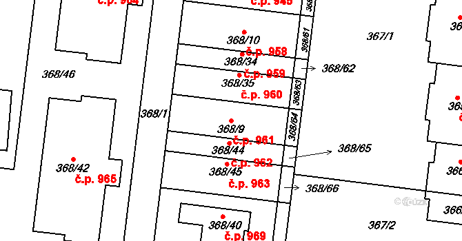 Podivín 961 na parcele st. 368/9 v KÚ Podivín, Katastrální mapa