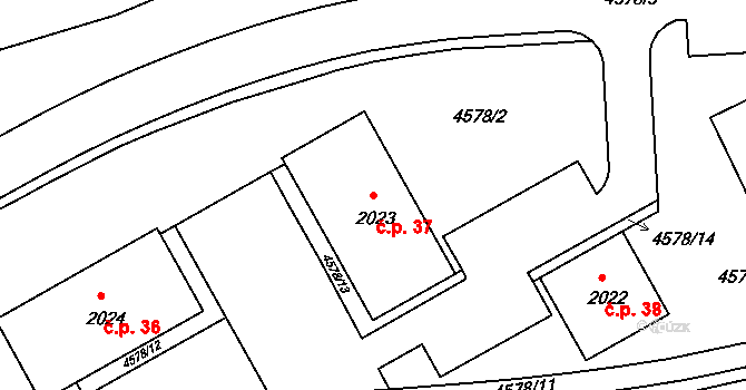 Brodce 37, Týnec nad Sázavou na parcele st. 2023 v KÚ Týnec nad Sázavou, Katastrální mapa