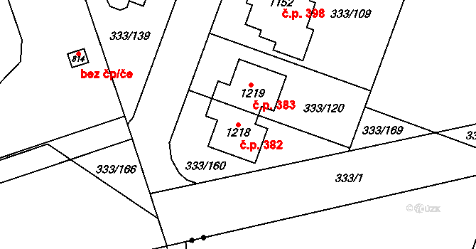 Přímětice 382, Znojmo na parcele st. 1218 v KÚ Přímětice, Katastrální mapa