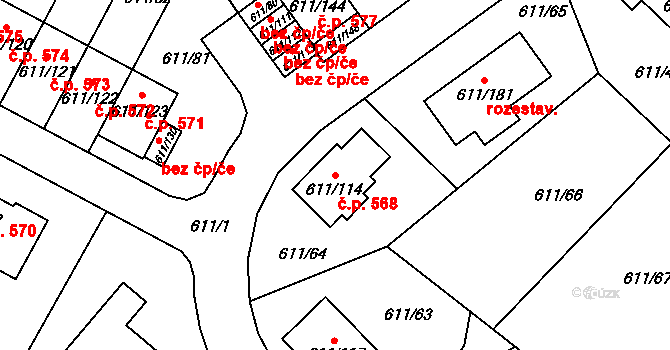 Srubec 568 na parcele st. 611/114 v KÚ Srubec, Katastrální mapa