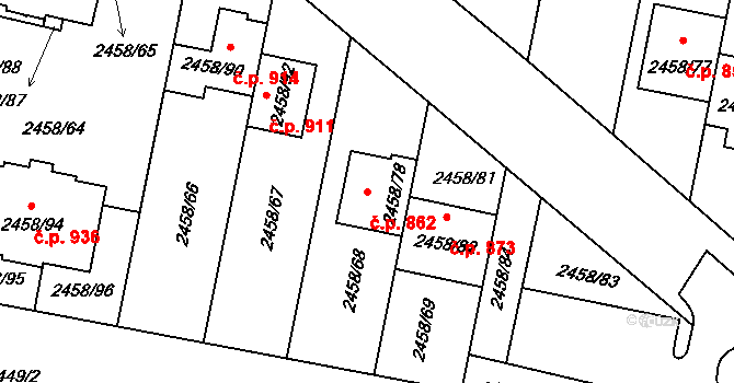 Klobouky u Brna 862 na parcele st. 2458/78 v KÚ Klobouky u Brna, Katastrální mapa