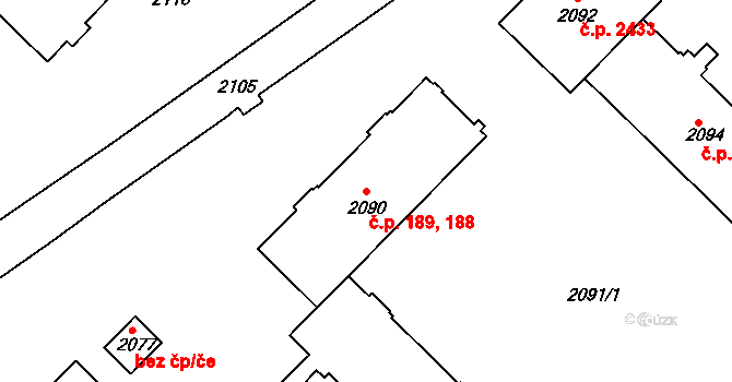 Žďár nad Sázavou 1 188,189, Žďár nad Sázavou na parcele st. 2090 v KÚ Město Žďár, Katastrální mapa