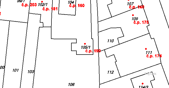 Lípa 190 na parcele st. 105/1 v KÚ Lípa nad Dřevnicí, Katastrální mapa