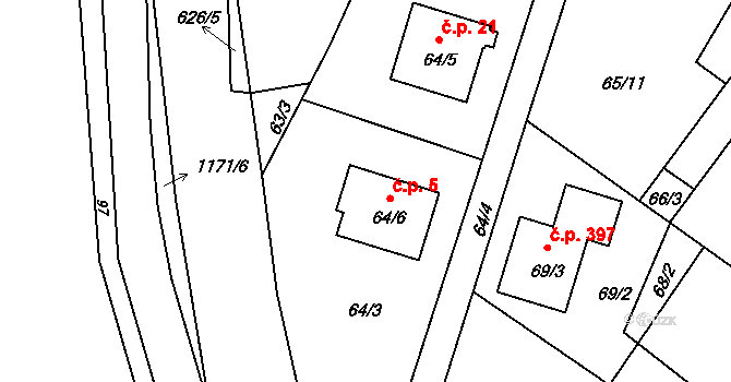 Oldřišov 5 na parcele st. 64/6 v KÚ Oldřišov, Katastrální mapa