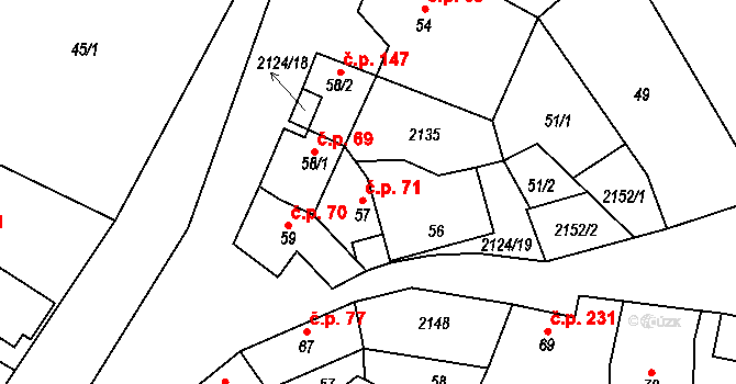 Tučapy 71 na parcele st. 57 v KÚ Tučapy u Vyškova, Katastrální mapa