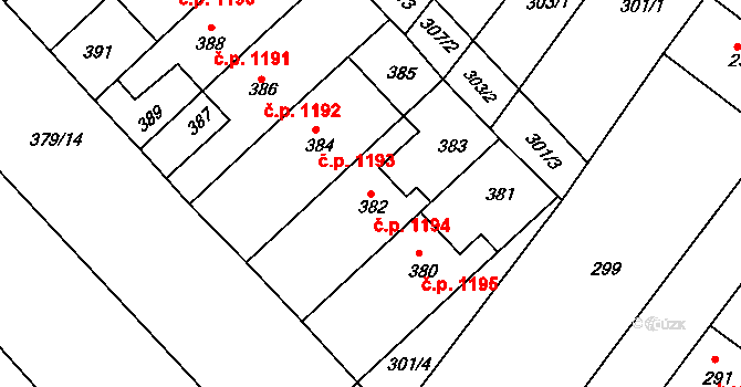Hluk 1194 na parcele st. 382 v KÚ Hluk, Katastrální mapa