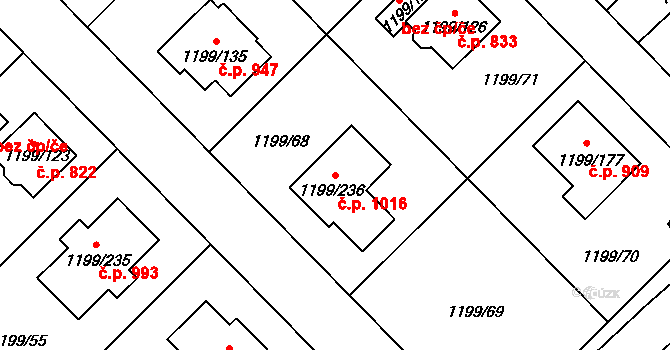Vejprnice 1016 na parcele st. 1199/236 v KÚ Vejprnice, Katastrální mapa