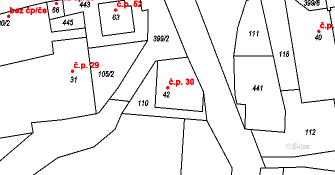 Srbce 30, Luže na parcele st. 42 v KÚ Srbce u Luže, Katastrální mapa
