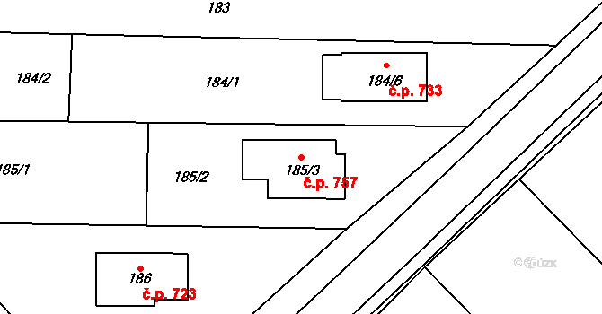 Pozořice 757 na parcele st. 185/3 v KÚ Pozořice, Katastrální mapa