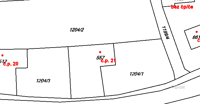 Řečice 21, Blatná na parcele st. 557 v KÚ Blatná, Katastrální mapa