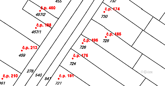 Moravský Žižkov 196 na parcele st. 726 v KÚ Moravský Žižkov, Katastrální mapa