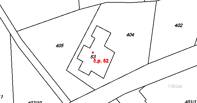 Hasina 52, Rožďalovice na parcele st. 53 v KÚ Hasina, Katastrální mapa