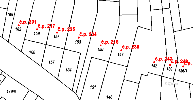 Syrovice 218 na parcele st. 150 v KÚ Syrovice, Katastrální mapa