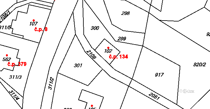Roztoky u Jilemnice 134 na parcele st. 102 v KÚ Roztoky u Jilemnice, Katastrální mapa