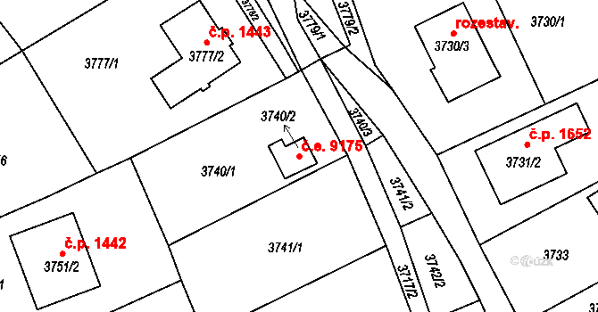 Střekov 9175, Ústí nad Labem na parcele st. 3740/2 v KÚ Střekov, Katastrální mapa
