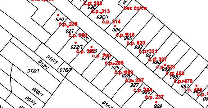 Husovice 288, Brno na parcele st. 924 v KÚ Husovice, Katastrální mapa