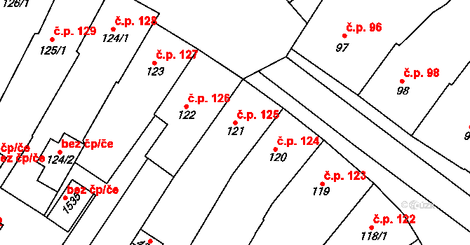 Střed 125, Rokycany na parcele st. 121 v KÚ Rokycany, Katastrální mapa