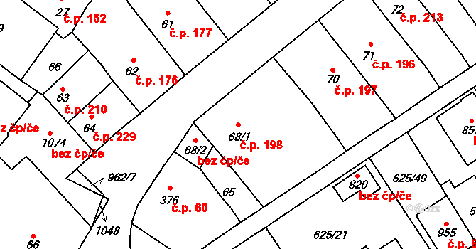 Borohrádek 198 na parcele st. 68/1 v KÚ Borohrádek, Katastrální mapa