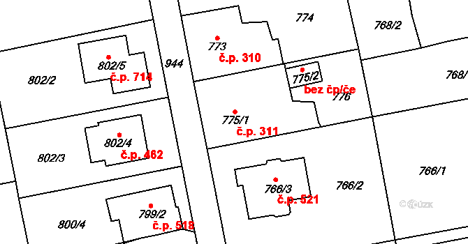 Lipence 311, Praha na parcele st. 775/1 v KÚ Lipence, Katastrální mapa