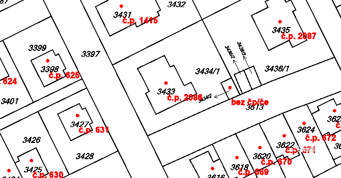 Záběhlice 2086, Praha na parcele st. 3433 v KÚ Záběhlice, Katastrální mapa