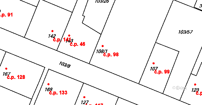 Břežany II 98 na parcele st. 108/1 v KÚ Břežany II, Katastrální mapa