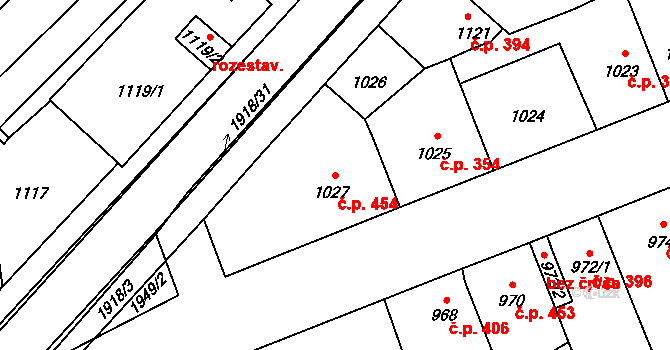 Holice 454, Olomouc na parcele st. 1027 v KÚ Holice u Olomouce, Katastrální mapa