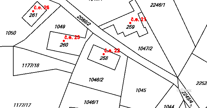 Polesí 22, Rynoltice na parcele st. 258 v KÚ Polesí u Rynoltic, Katastrální mapa