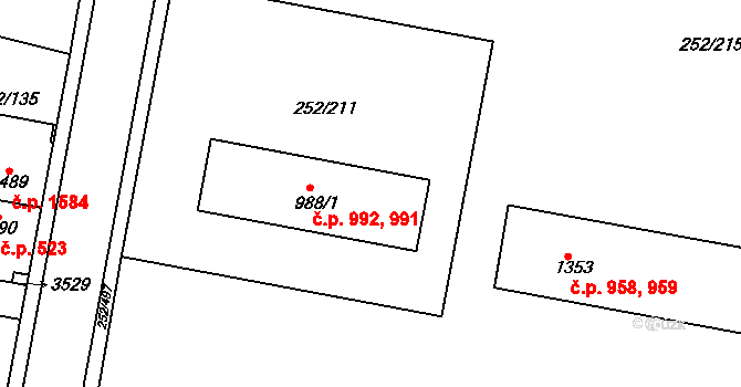 Rosice 992 na parcele st. 988/2 v KÚ Rosice u Brna, Katastrální mapa