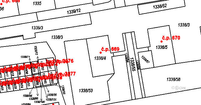 Prostřední Suchá 669, Havířov na parcele st. 1338/4 v KÚ Prostřední Suchá, Katastrální mapa