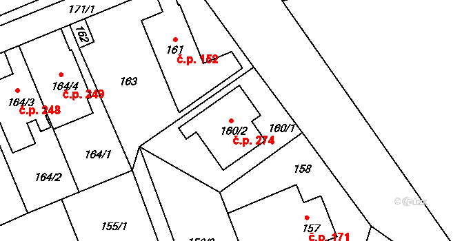 Šeberov 274, Praha na parcele st. 160/2 v KÚ Šeberov, Katastrální mapa