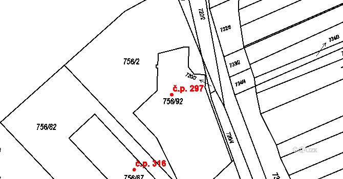 Kobeřice u Brna 297 na parcele st. 756/92 v KÚ Kobeřice u Brna, Katastrální mapa