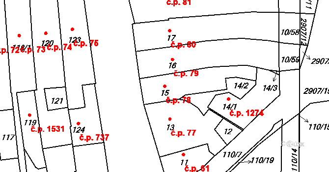 Valašské Meziříčí 78 na parcele st. 15 v KÚ Valašské Meziříčí-město, Katastrální mapa