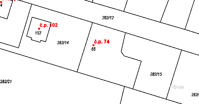 Pěčice 74 na parcele st. 85 v KÚ Pěčice, Katastrální mapa
