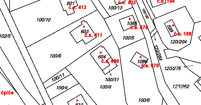 Sýkořice 686 na parcele st. 604 v KÚ Sýkořice, Katastrální mapa