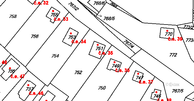 Hamry nad Sázavou 35 na parcele st. 751 v KÚ Hamry nad Sázavou, Katastrální mapa