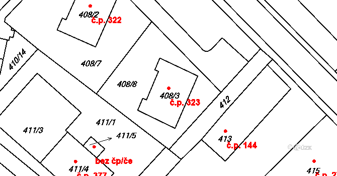 Fryšták 323 na parcele st. 408/3 v KÚ Fryšták, Katastrální mapa